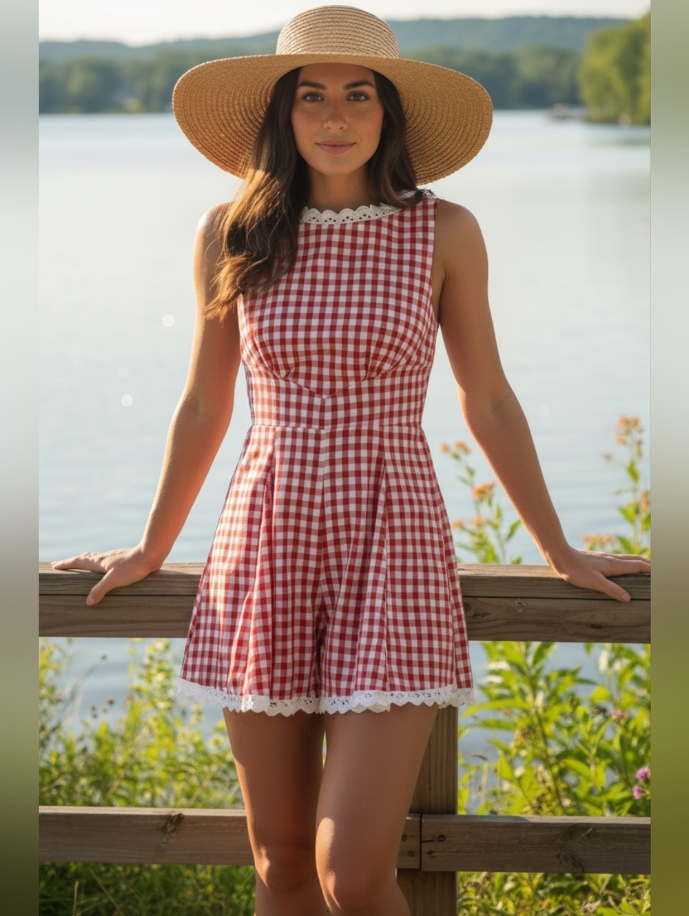 Lace Trim Cotton Plaid Sleeveless Smocked Back Pleated Shorts One-Piece Romper